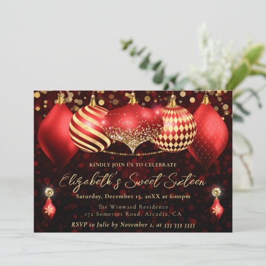 Rode en gouden kerstballen Sweet 16 Kaart (Staand voorkant)