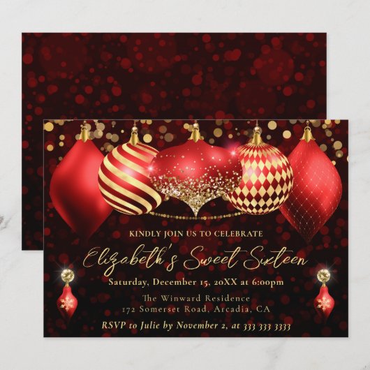 Rode en gouden kerstballen Sweet 16 Kaart (Voorkant / Achterkant)