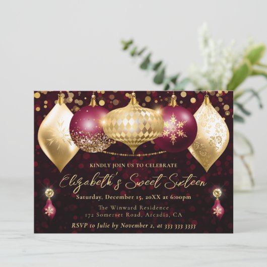Rode en gouden kerstballen Sweet 16 Kaart (Staand voorkant)