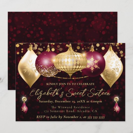 Rode en gouden kerstballen Sweet 16 Kaart (Voorkant / Achterkant)