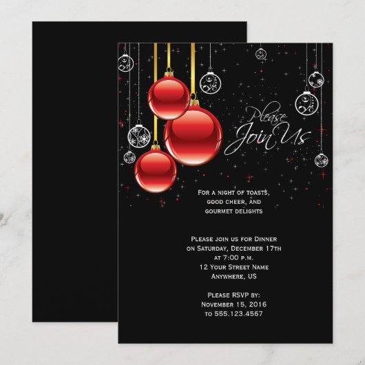 Rode en gouden kerstsieraden op de Zwarte Partij Kaart (Voorkant / Achterkant)