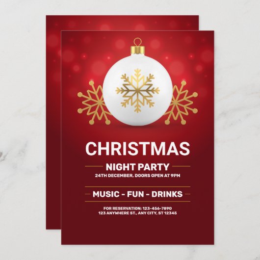 Rode en gouden kerstuitnodiging, kerstavond kaart (Voorkant / Achterkant)