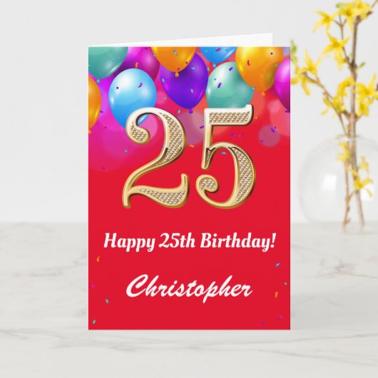 Rode en gouden kleurrijke ballonnen voor 25e verja kaart (Gele Bloem)