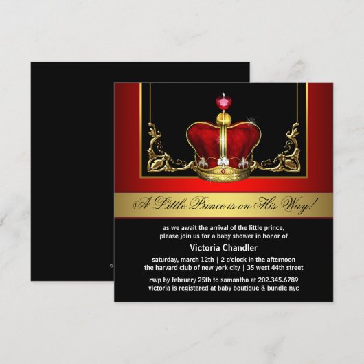 Rode en gouden kroonprins Baby shower Kaart (Voorkant / Achterkant)