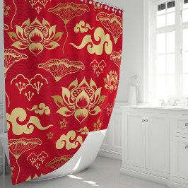 Rode en Gouden Lotus Bloem Motief Oosters Patroon Douchegordijn