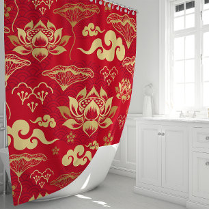Rode en Gouden Lotus Bloem Oosters Patroon Douchegordijn