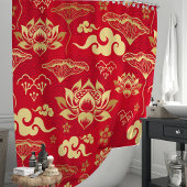 Rode en gouden Lotus Floral Oriental Pattern Douchegordijn