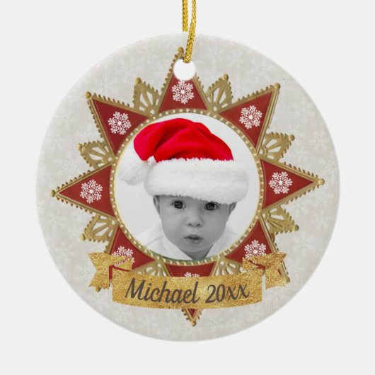 Rode en gouden luxe cirkel vorm Lijst sneeuwvlok Keramisch Ornament (Voorkant)