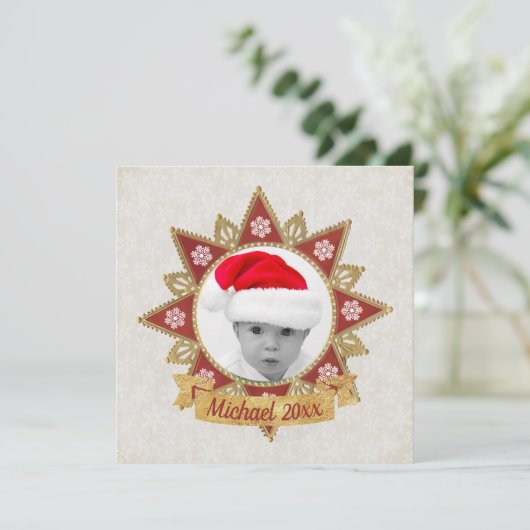 Rode en gouden luxe cirkelvormige vorm frame sneeu feestdagenkaart (Staand voorkant)