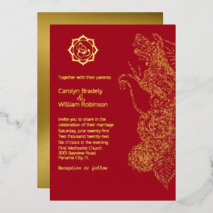 Rode en gouden mandala- en Ganesha-bruiloft Folie Uitnodiging