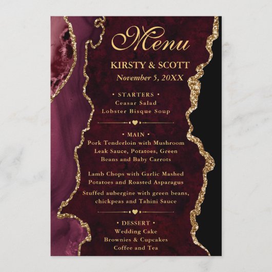 Rode en Gouden Nep Glitter Agate Bruiloft Menu (Voorkant)