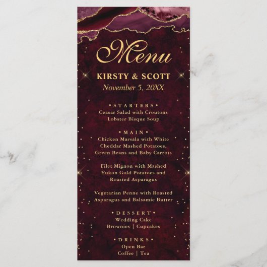 Rode en Gouden Nep Glitter Agate Bruiloft Menu (Voorkant)
