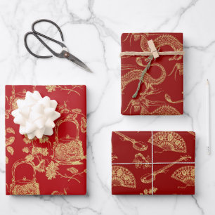 Rode en gouden Oosterse chinoiserie patronen Inpakpapier Vel
