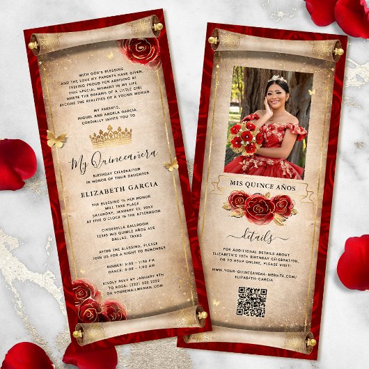 Rode en gouden Quinceanera Scroll Invitation Kaart