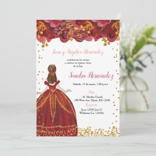 Rode en gouden Quinceañera uitnodiging (Staand voorkant)