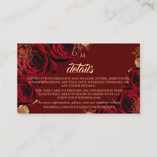 Rode en Gouden Rozen Bloemige Details Trouwen Informatiekaartje (Voorkant)