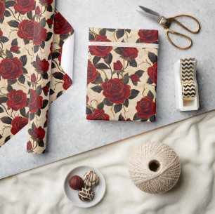 Rode en gouden rozen cadeaupapier