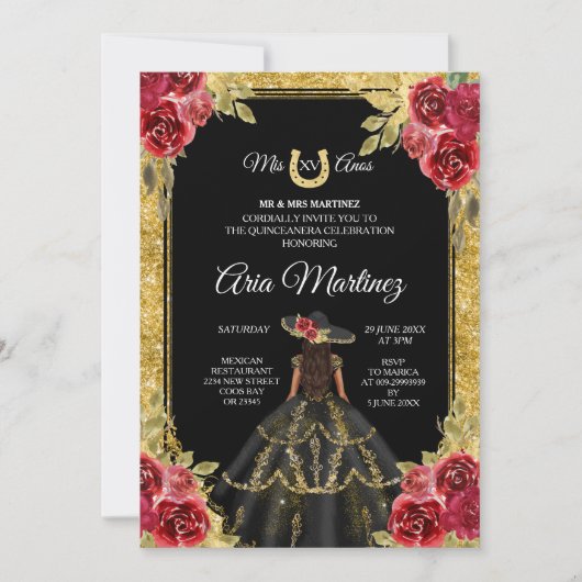 Rode en gouden Rozen Charra Mis Quince Invitation Kaart (Voorkant)