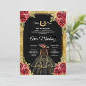 Rode en gouden Rozen Charra Mis Quince Invitation Kaart (Staand voorkant)