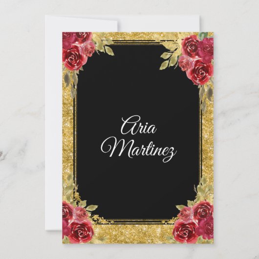 Rode en gouden Rozen Charra Mis Quince Invitation Kaart (Achterkant)