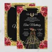 Rode en gouden Rozen Charra Mis Quince Invitation Kaart (Voorkant / Achterkant)