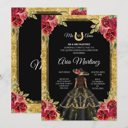 Rode en gouden Rozen Charra Mis Quince Invitation Kaart (Voorkant / Achterkant)