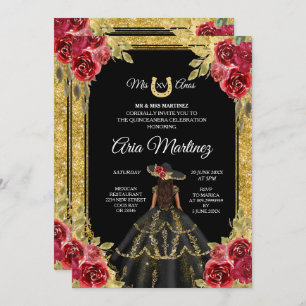 Rode en gouden Rozen Charra Mis Quince Invitation Kaart