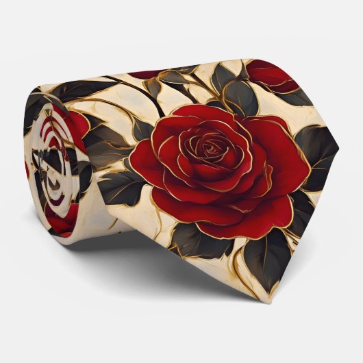 Rode en Gouden Rozen op Crème Achtergrond Stropdas (Opgerold)