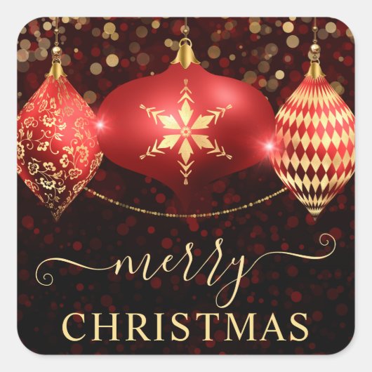 Rode en Gouden Sierbollen Kerstmis Vierkante Sticker (Voorkant)