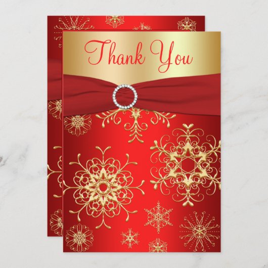 Rode en gouden sneeuwvlokken bedankkaart (Voorkant / Achterkant)