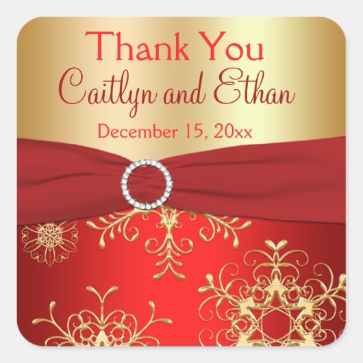 Rode en gouden sneeuwvlokken bruiloft gunst Sticke Vierkante Sticker (Voorkant)