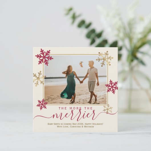 Rode en gouden sneeuwvlokken Foto Kerstmis Zwanger Aankondiging (Staand voorkant)