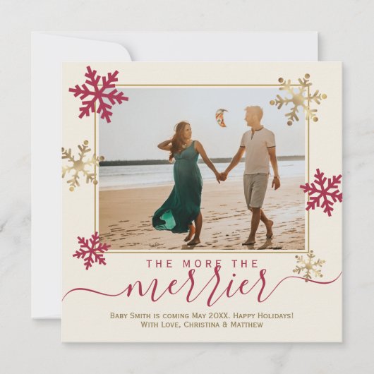Rode en gouden sneeuwvlokken Foto Kerstmis Zwanger Aankondiging (Voorkant)
