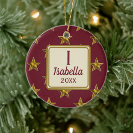 Rode en Gouden Ster Monogram Eerste Kerstoornament Keramisch Ornament