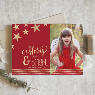 Rode en gouden sterren Merry & Bright Holiday-foto Feestdagenkaart