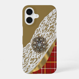 Rode en gouden tartan ruit en kant iPhone 16 hoesje