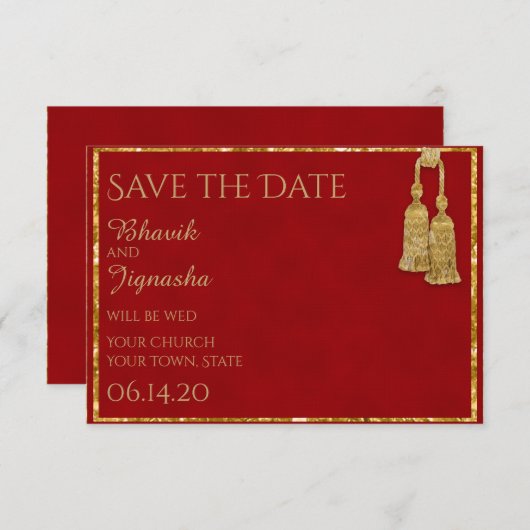 Rode en gouden Tassel Indiase bruiloft Save the Da Save The Date (Voorkant / Achterkant)