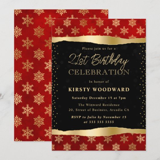 Rode en gouden wintersneeuwvlokken 21e verjaardag kaart (Voorkant / Achterkant)