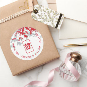 Rode en grijze bamboe leves Shuang Xi Chinees huwe Ronde Sticker