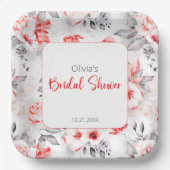 Rode en grijze waterverf bloemen bruidsdouche papieren bordje (Voorkant)