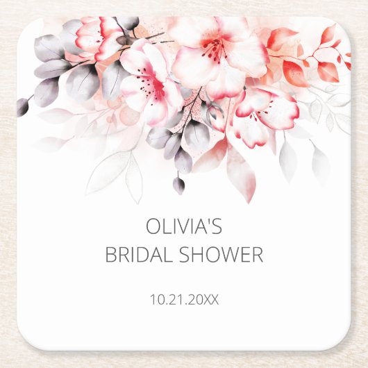 Rode en grijze waterverf bloemen bruidsshower kartonnen onderzetters (Voorkant)