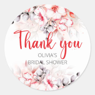 Rode en grijze waterverf bloemen bruidsshower ronde sticker