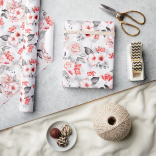 Rode en Grijze Waterverf Bloemen Cadeaupapier