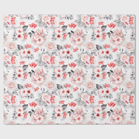 Rode en Grijze Waterverf Bloemen Cadeaupapier (Vlak)