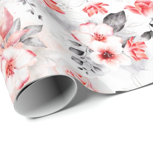 Rode en Grijze Waterverf Bloemen Cadeaupapier (Rol Hoek)