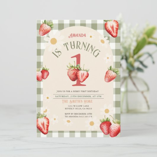 rode en groene aardbeien daisy verjaardag kaart (Staand voorkant)