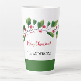 Rode en groene aquarel bes tak gepersonaliseerd latte mok