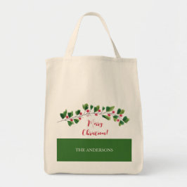 Rode en groene aquarel bes tak gepersonaliseerd tote bag