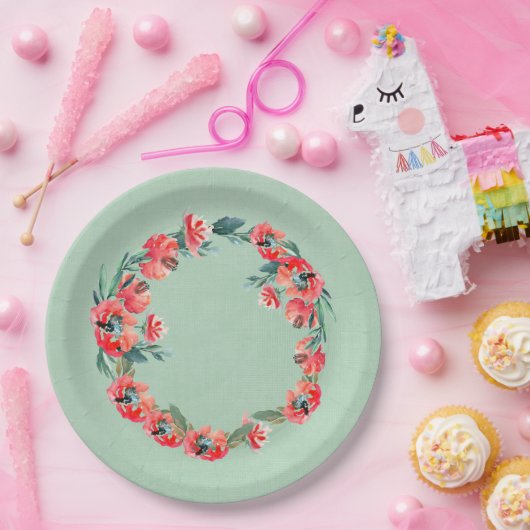 Rode en Groene Bloemen Waterverf Krans Botanisch Papieren Bordje (Feest)