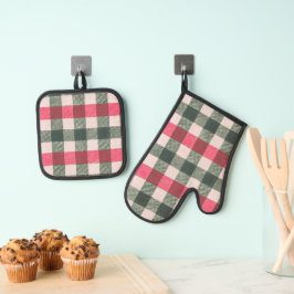 Rode en groene boerderij Gingham Ovenwant & Pannenlap Set
